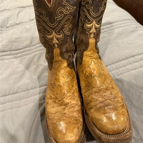Lucchese Ostrich Boots Brown and Tan Western Cowboy Boots - Picture 1 of 3